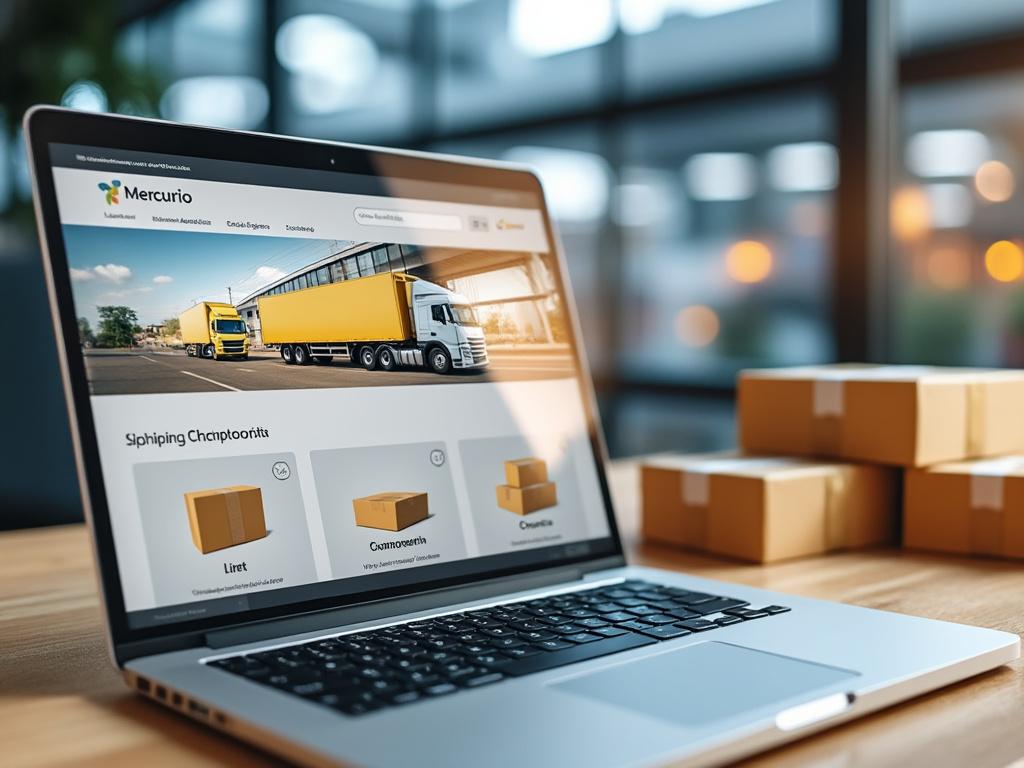 Computadora portátil mostrando sitio web de mensajería y logística con camiones amarillos visibles en pantalla y cajas de cartón sobre un escritorio.