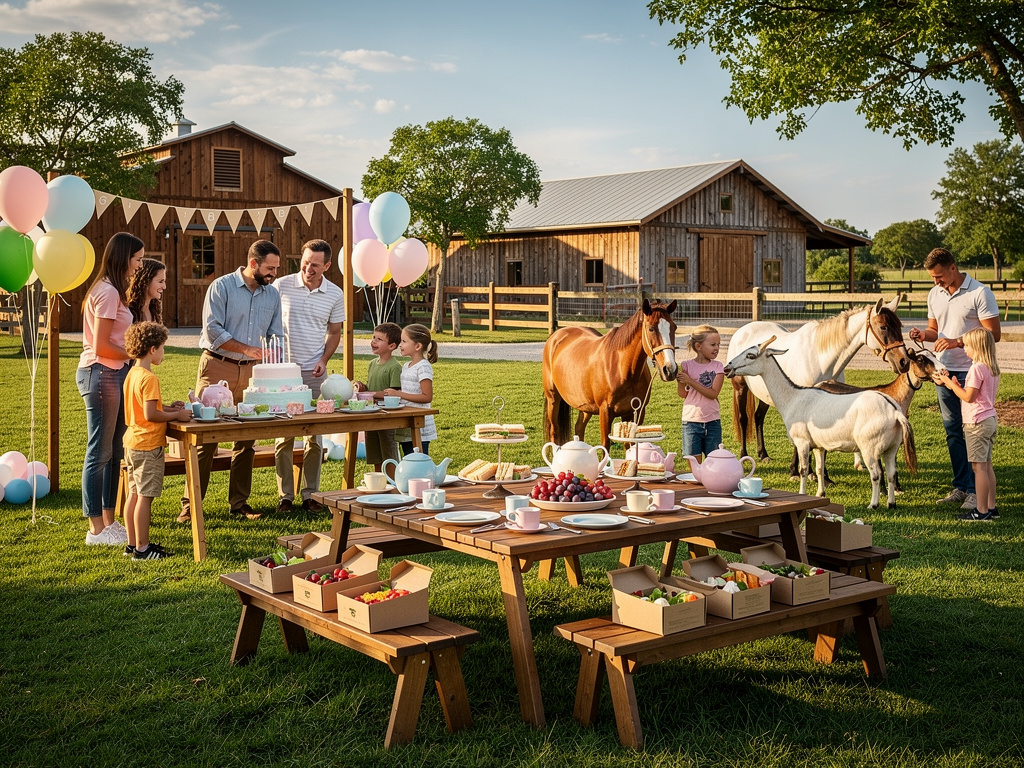Family farm birthday party with cake, balloons, picnic tables, children, horses, and goats by rustic barns