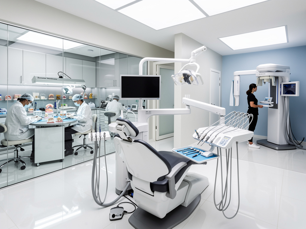 Clínica dental moderna con sillón odontológico, instrumental especializado, laboratorio y equipo de radiografía panorámica