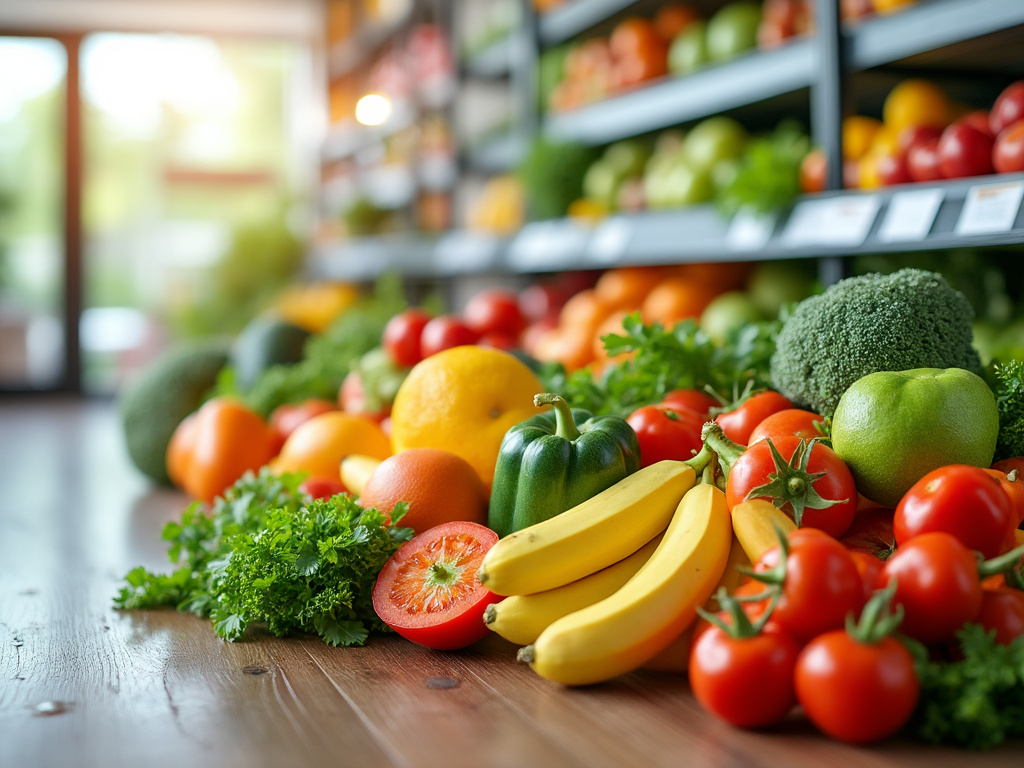 Variety of fresh fruits and vegetables displayed on a wooden surface in a grocery store, including bananas, tomatoes, broccoli, peppers, and citrus fruits.