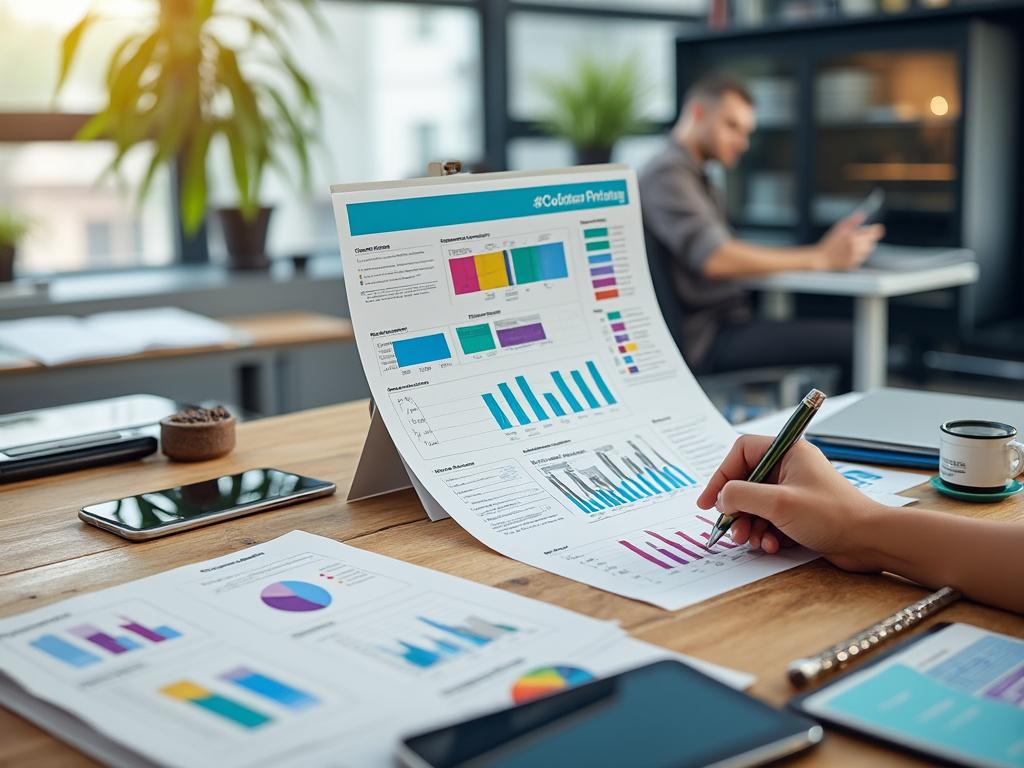 Persona tomando notas en una mesa de oficina con gráficos y dispositivos electrónicos, plantas y espacio de trabajo moderno al fondo.
