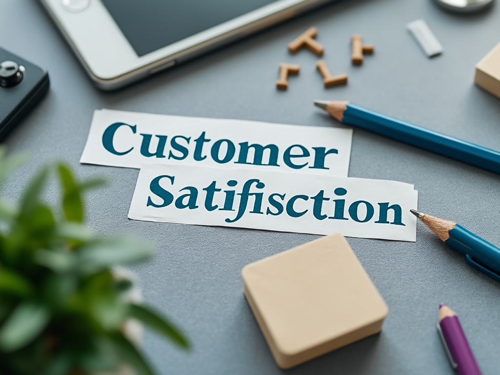Close-up of desk with 'Customer Satisfaction' text, blue pencils, smartphone, and plant.