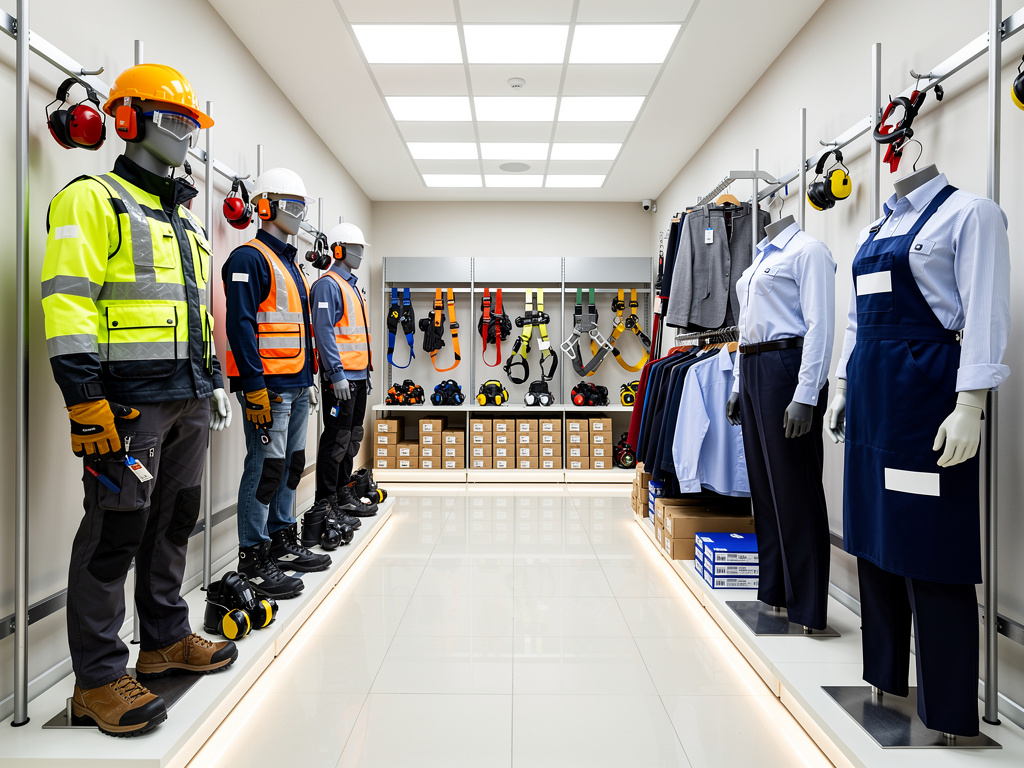 Tienda de equipos de protección personal con maniquíes usando cascos, chalecos reflectantes, arneses y uniformes de seguridad laboral
