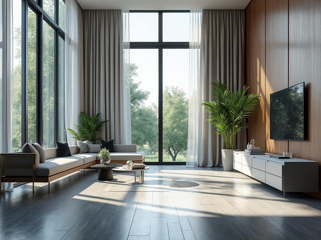 Modern living room with large windows, wooden floors, sleek furniture, and potted plants, featuring a wall-mounted television.