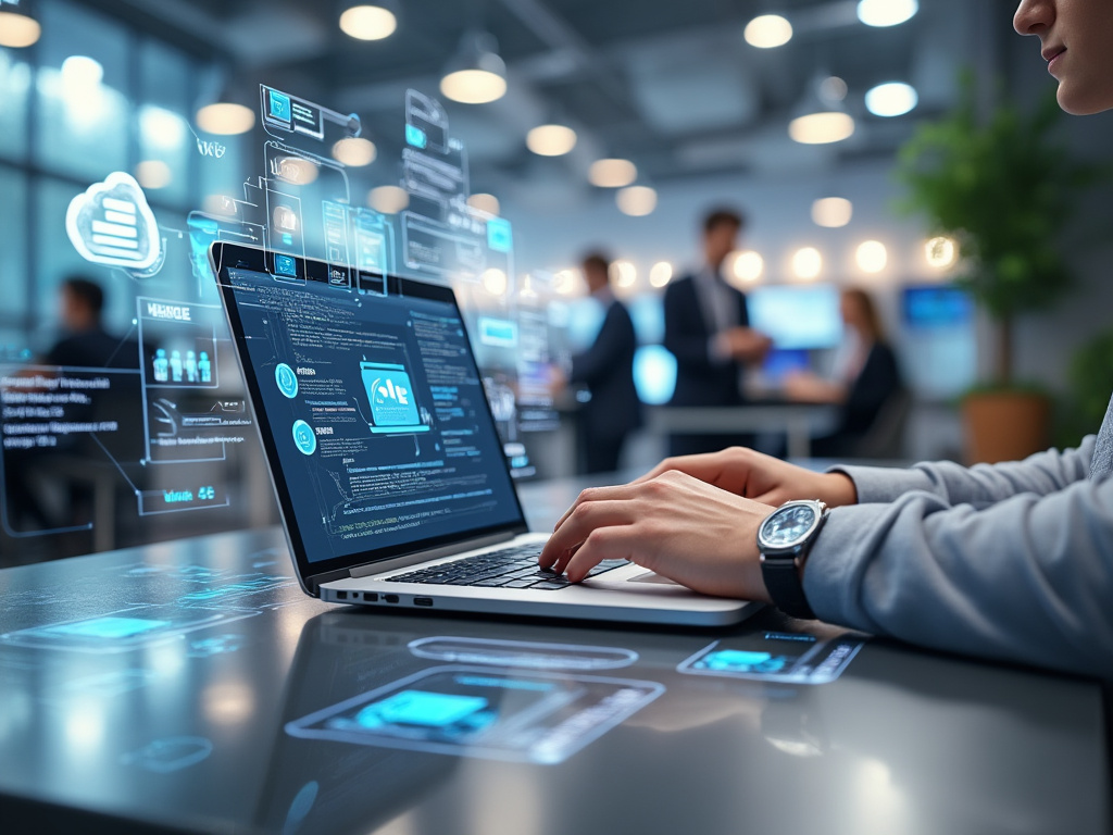 Persona programando en computadora portátil con hologramas de datos en un entorno de oficina moderna.