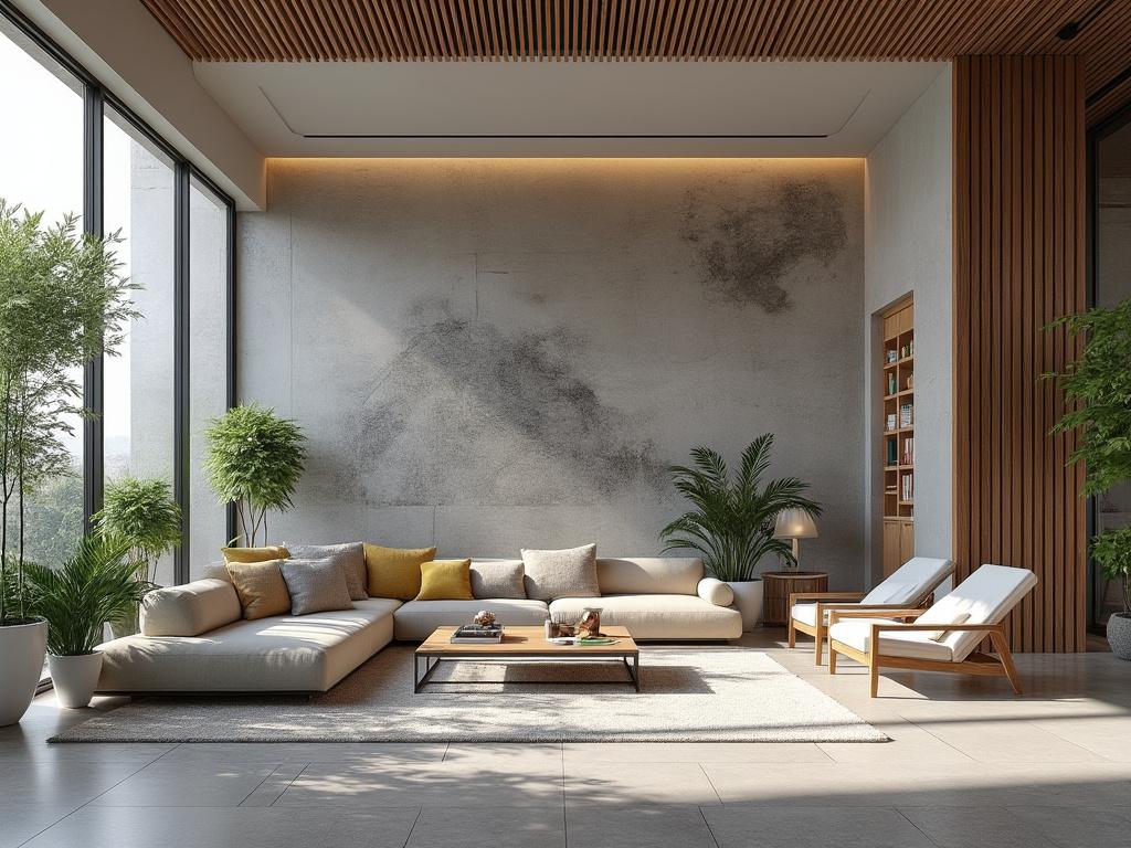Sala de estar moderna con sofá seccional beige, sillones, plantas decorativas grandes y mesa de centro, iluminada por luz natural a través de amplias ventanas.