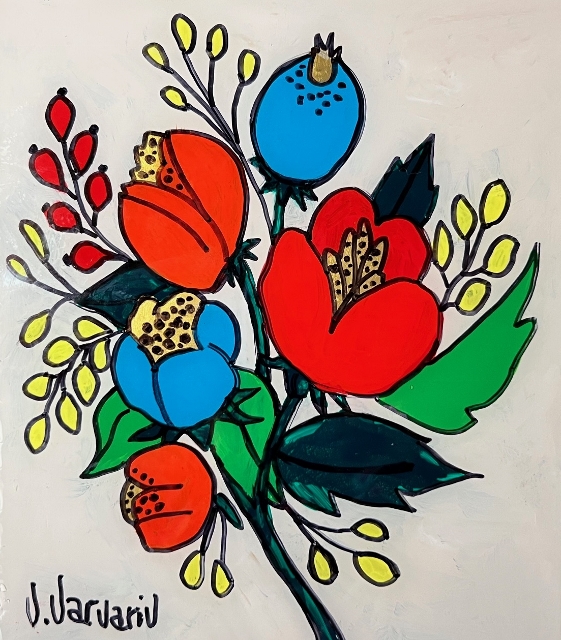 Varvariv, Festive Flowers, 7.5" x 6.5" Mixed Media on Glass