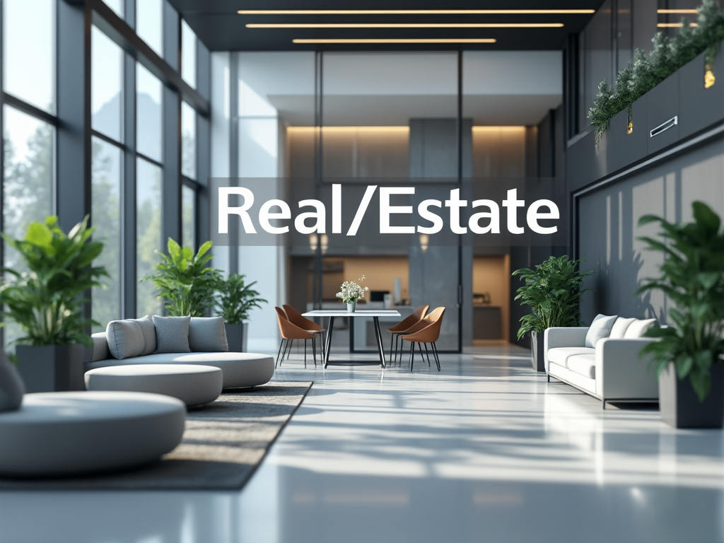 Espaciosa sala de estar moderna con grandes ventanas, muebles elegantes y plantas en el interior, con el término 'Real/Estate' sobre la imagen.