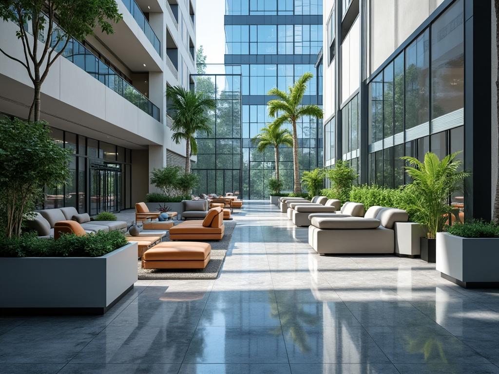 Moderno patio urbano con sofás, plantas y grandes ventanales en un entorno de oficina.