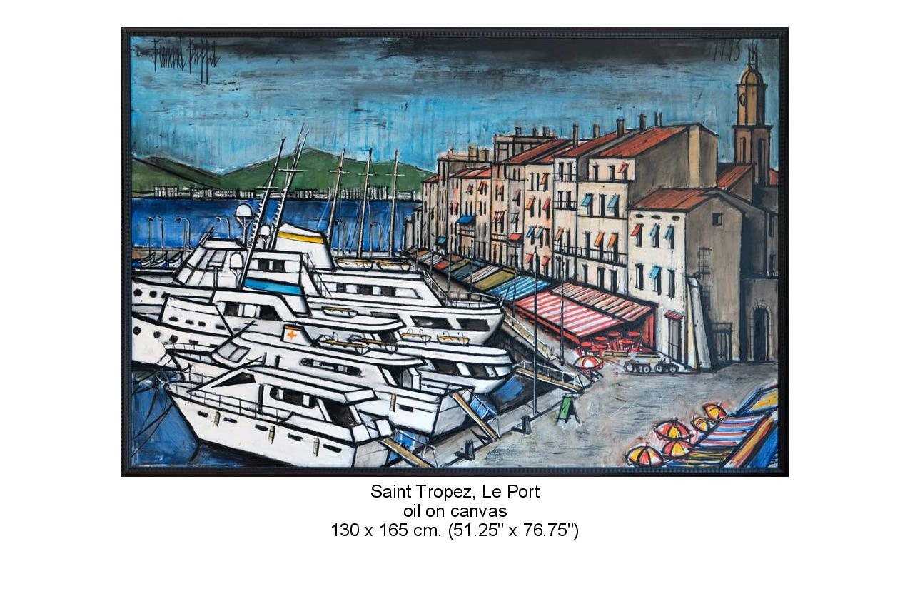 Painting of boats docked and buildings along the dock. Saint Tropez, Le Port