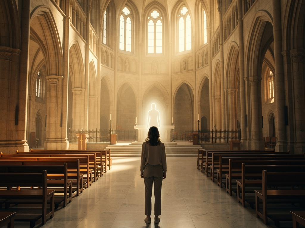 Persona de pie en una catedral gótica iluminada por el sol frente a un altar con silueta resplandeciente
