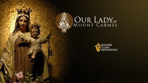 Statue of Our Lady of Mount Carmel holding infant Jesus with Diocese of San Bernardino logo on a gold textured background.