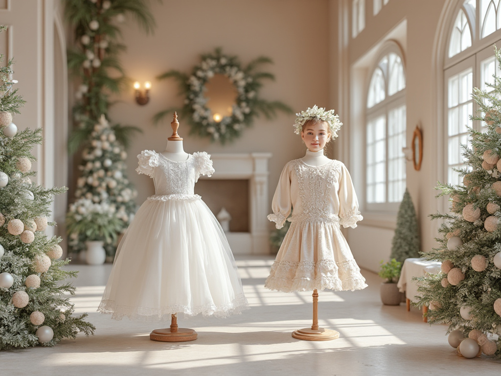 Vestidos elegantes de niña en un entorno navideño, rodeados de árboles decorados y coronas festivas.