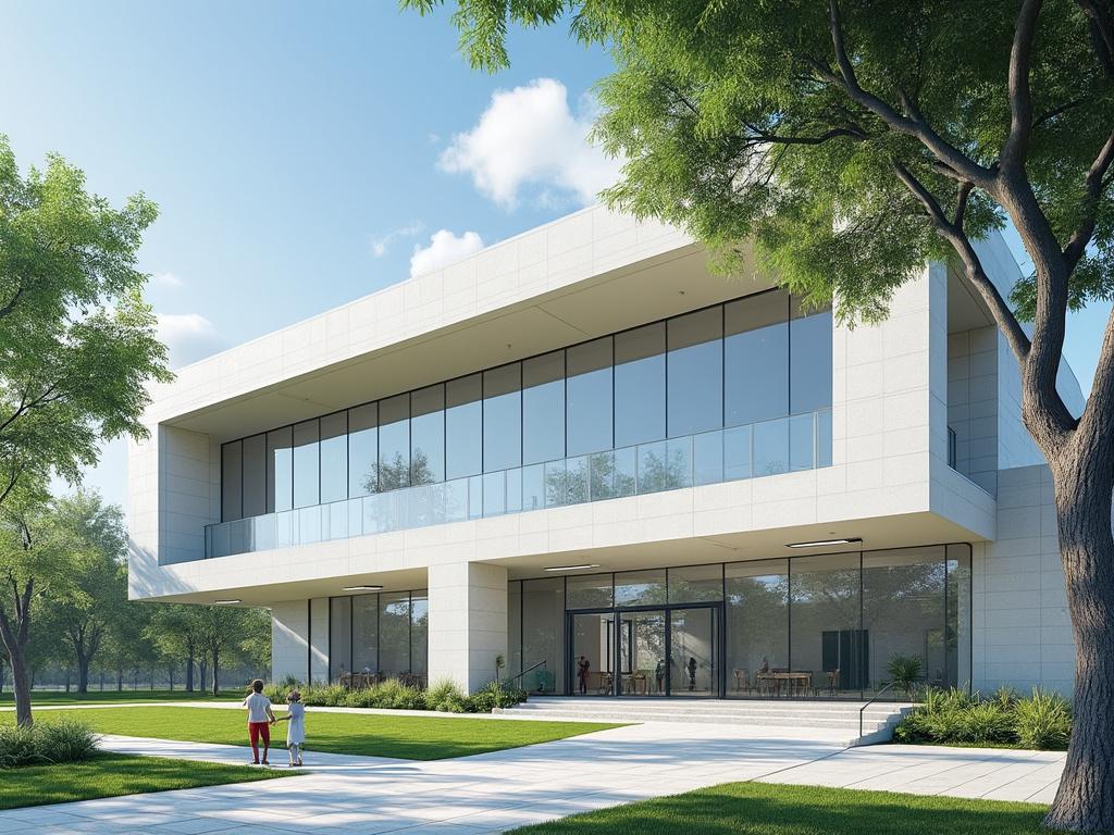 Edificio moderno de dos pisos con grandes ventanales, rodeado de árboles y césped, bajo un cielo azul claro.