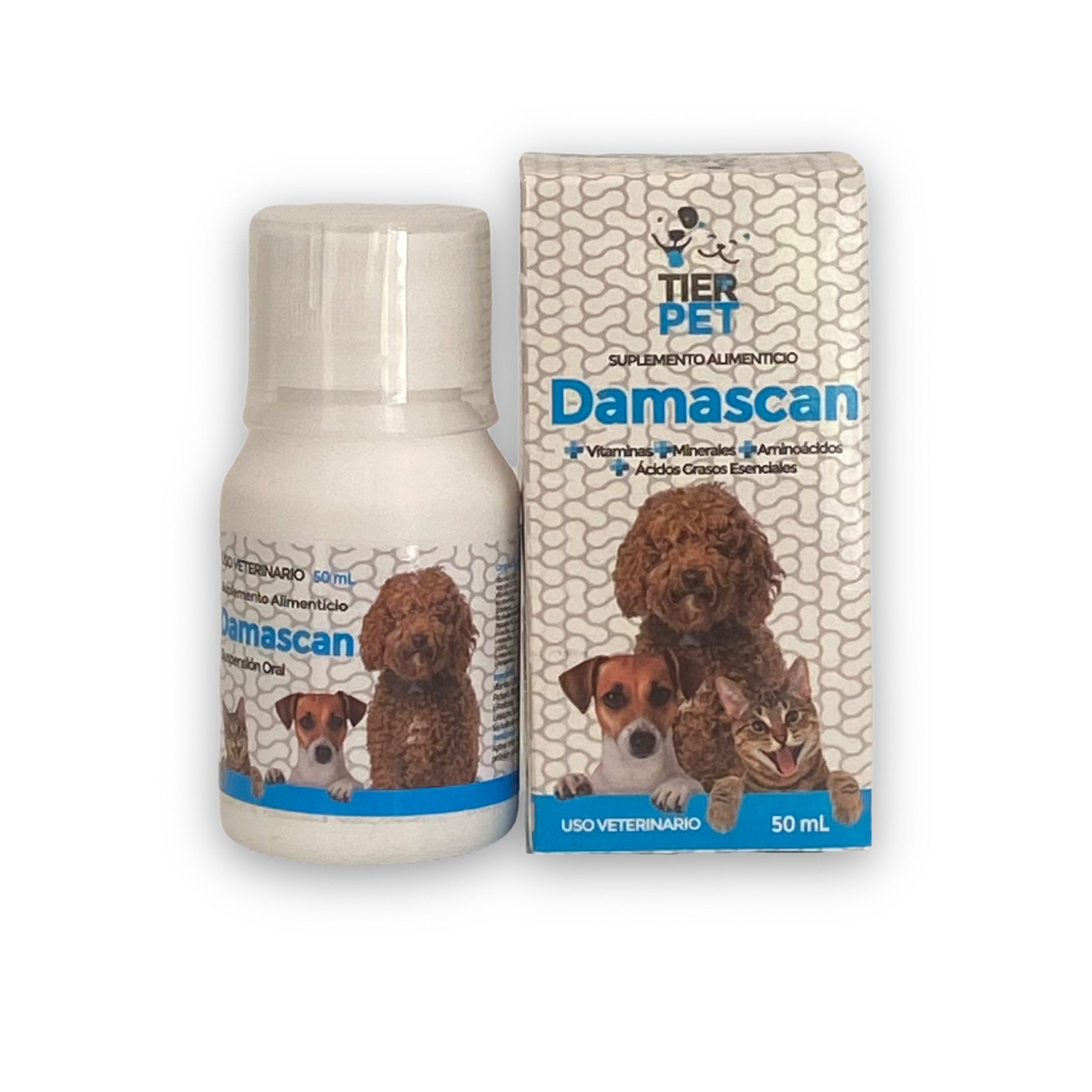 DAMASCAN
Suplemento alimenticio a base de vitaminas minerales ácidos grasos y aminoácidos para suministrar a perros adultos cachorros y hembras en gestación o lactancia.