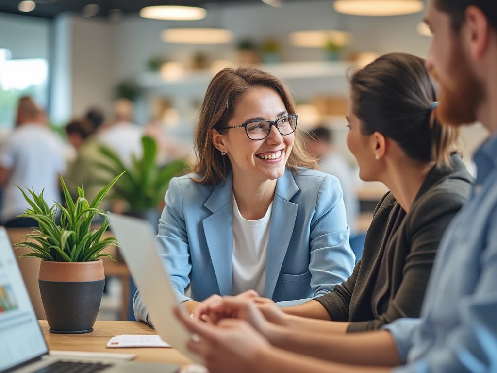 Grupo de personas sonrientes en una reunión de negocios en una oficina moderna con plantas y laptops.