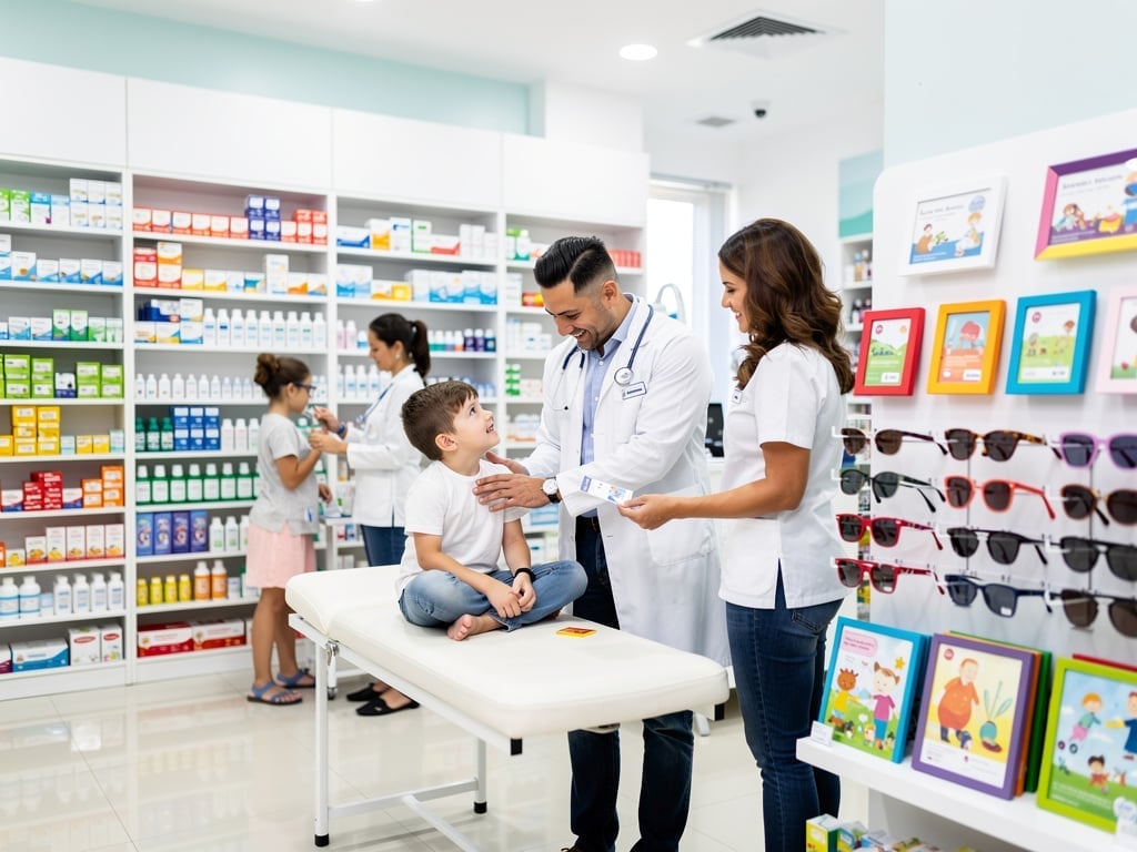 Pediatra examinando a un niño en farmacia moderna con estantes de medicamentos, gafas infantiles y material educativo
