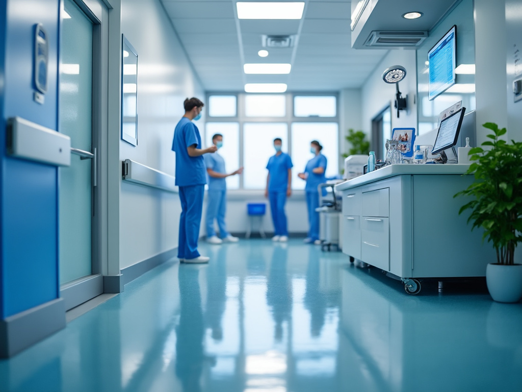 Pasillo de hospital moderno con personal médico vistiendo batas azules y conversando; equipo médico y plantas en el entorno.