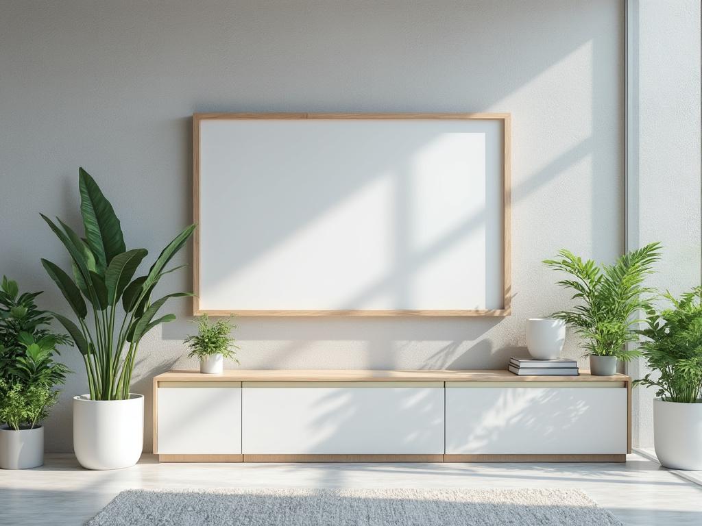Sala moderna con marco blanco sobre pared, plantas en macetas blancas y mueble de madera claro.