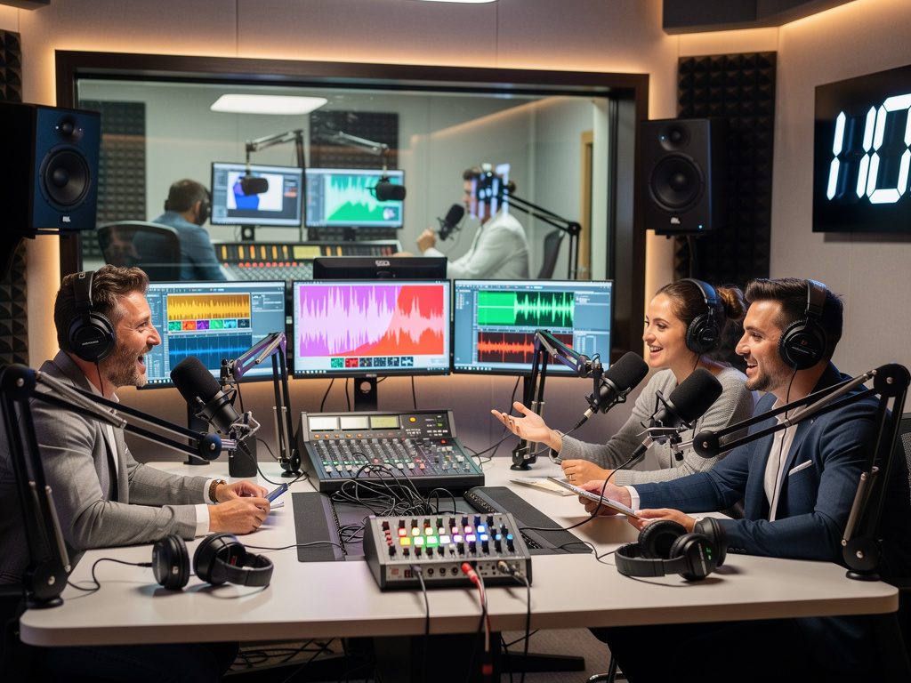Estudio de podcast profesional con presentadores usando micrófonos, auriculares y equipos de edición de audio
