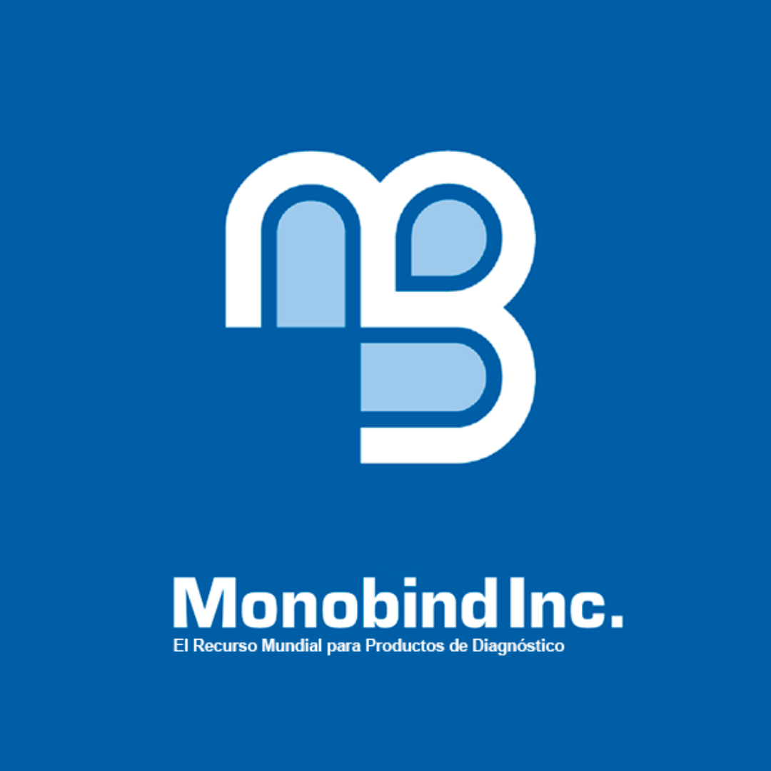 Logotipo de Monobind Inc. con fondo azul y texto 'El Recurso Mundial para Productos de Diagnóstico'.