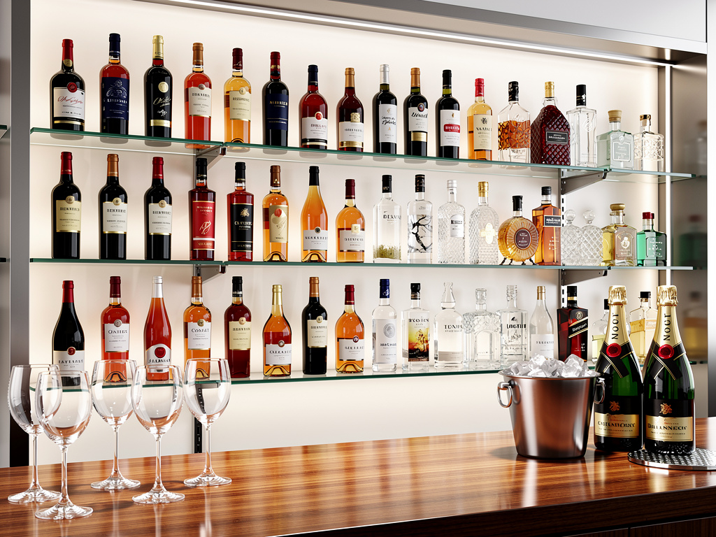 Bar elegante con estanterías de botellas de vino y licores, copas vacías y champán en hielo sobre barra de madera