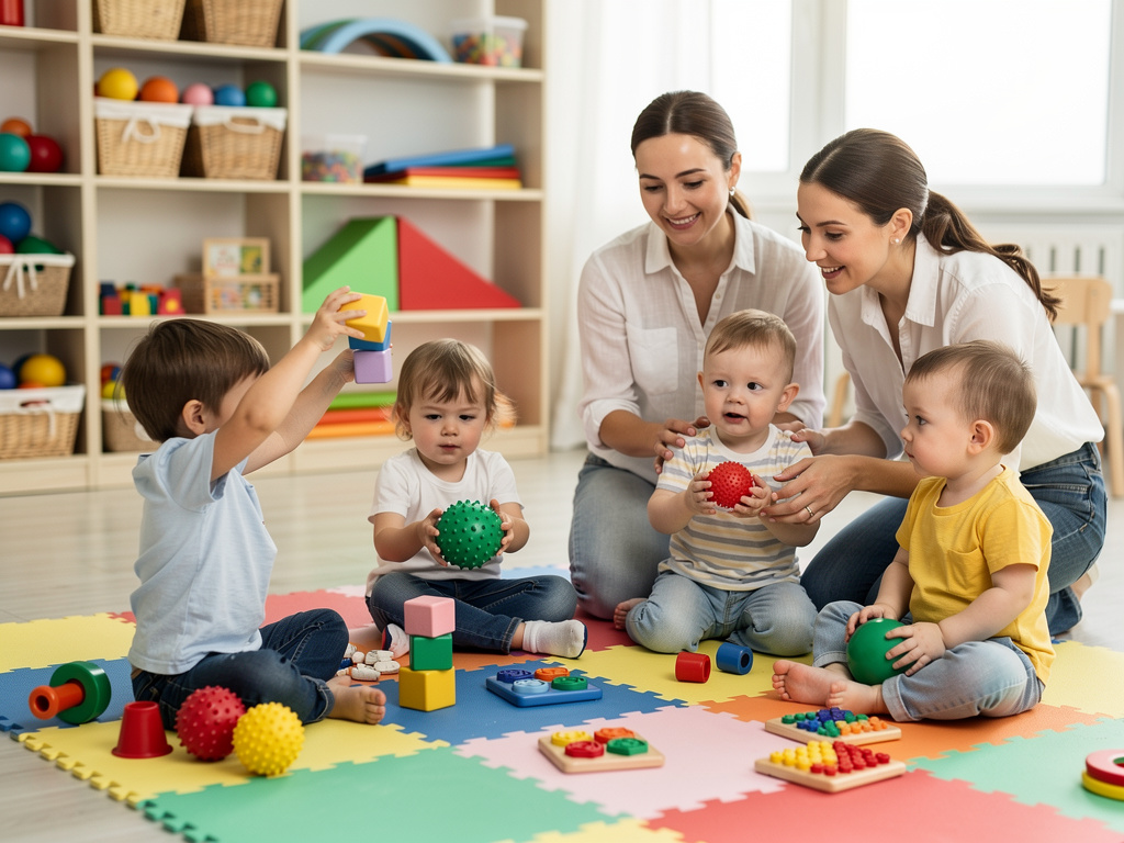 Niños pequeños jugando con bloques y pelotas sensoriales junto a cuidadoras en aula infantil