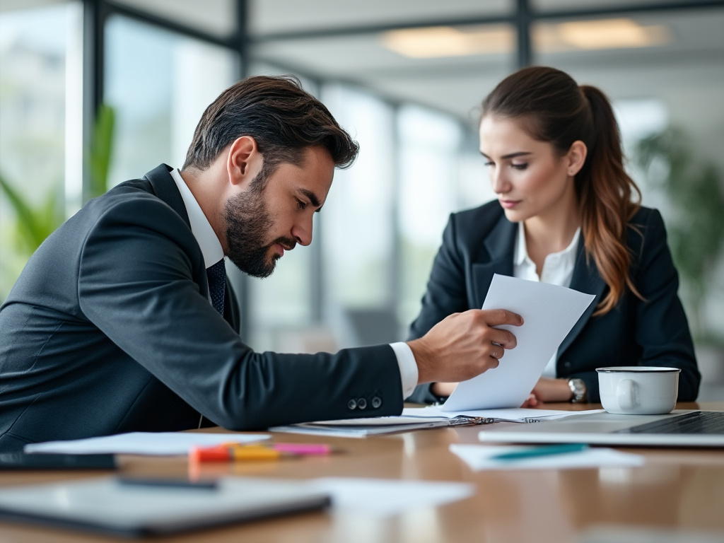 Dos personas en trajes formales revisando documentos en una oficina moderna con ventanas y decoración minimalista.