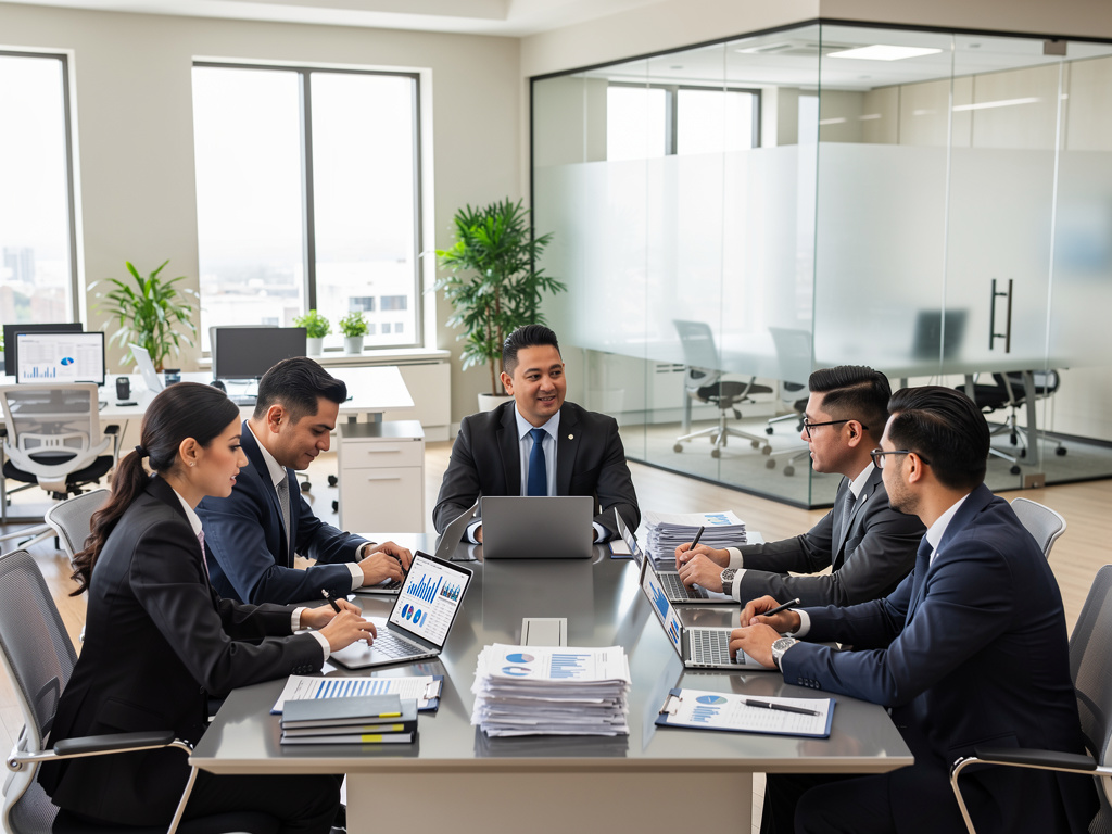 Business team meeting in modern office conference room with laptops and financial reports