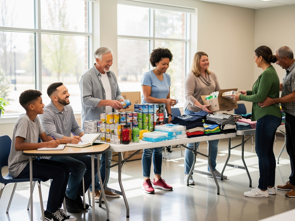 Volunteers organizing canned food, clothing, and hygiene supplies for a community donation drive indoors