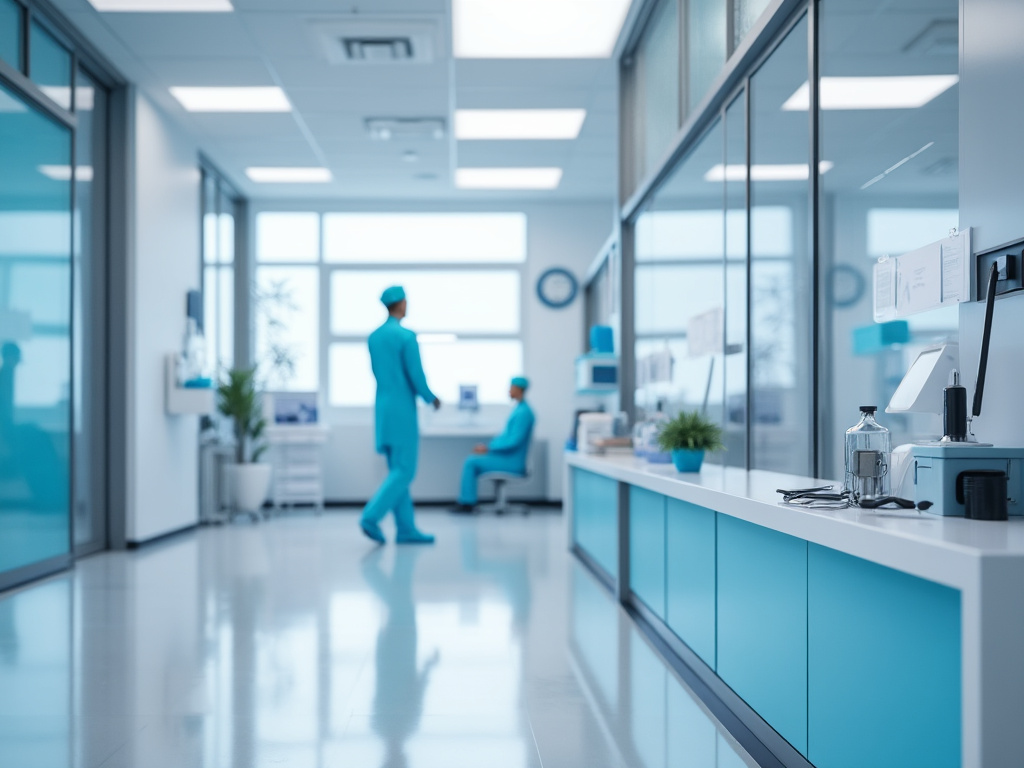 Interior de un moderno hospital con diseño minimalista, personal médico en uniforme azul, estanterías con suministros médicos y una atmósfera limpia y luminosa.