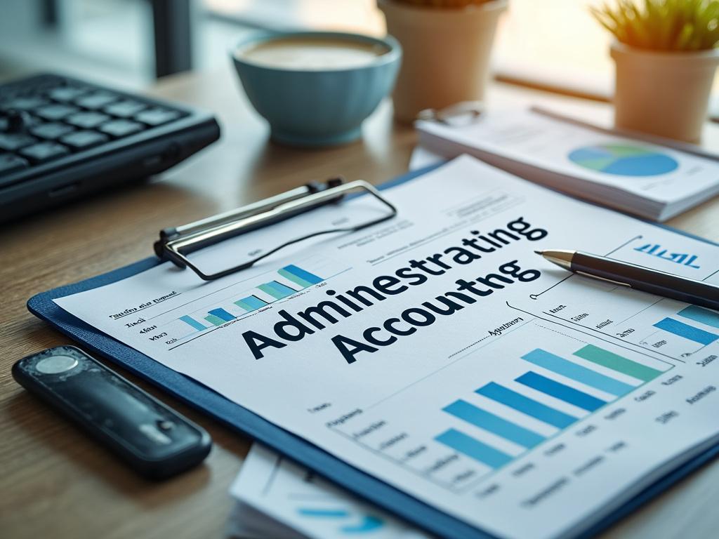 Escritorio con gráficos financieros, documentos contables y jarrones decorativos.