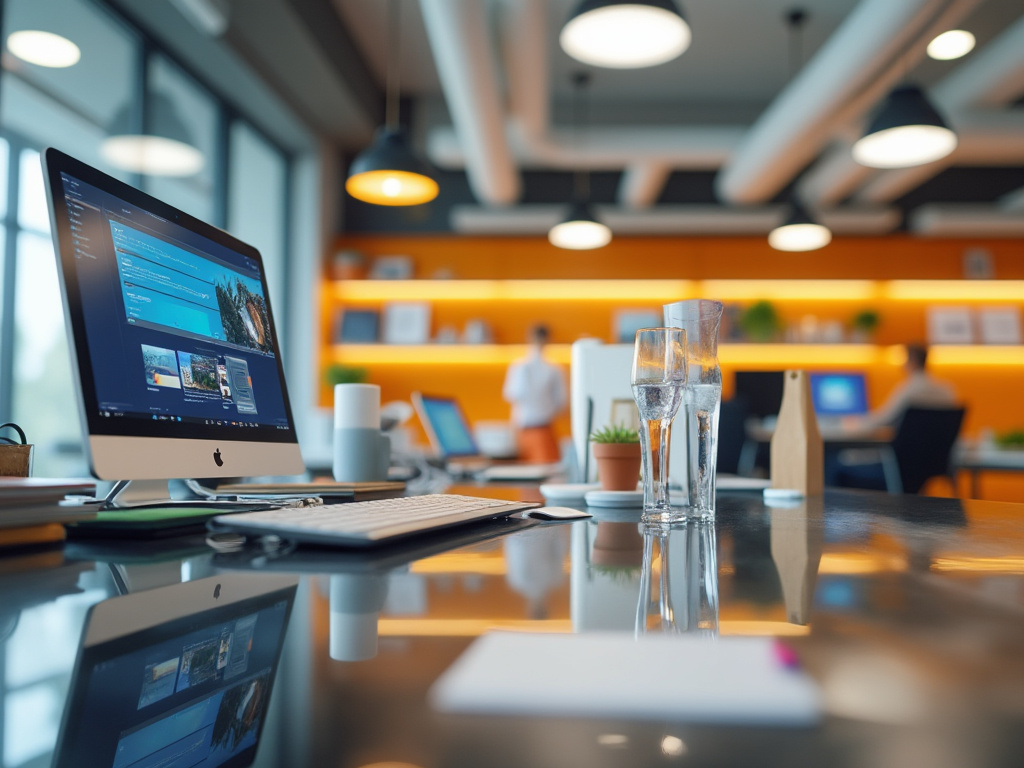 Oficina moderna con computadora de escritorio, copas de agua y fondo luminoso.