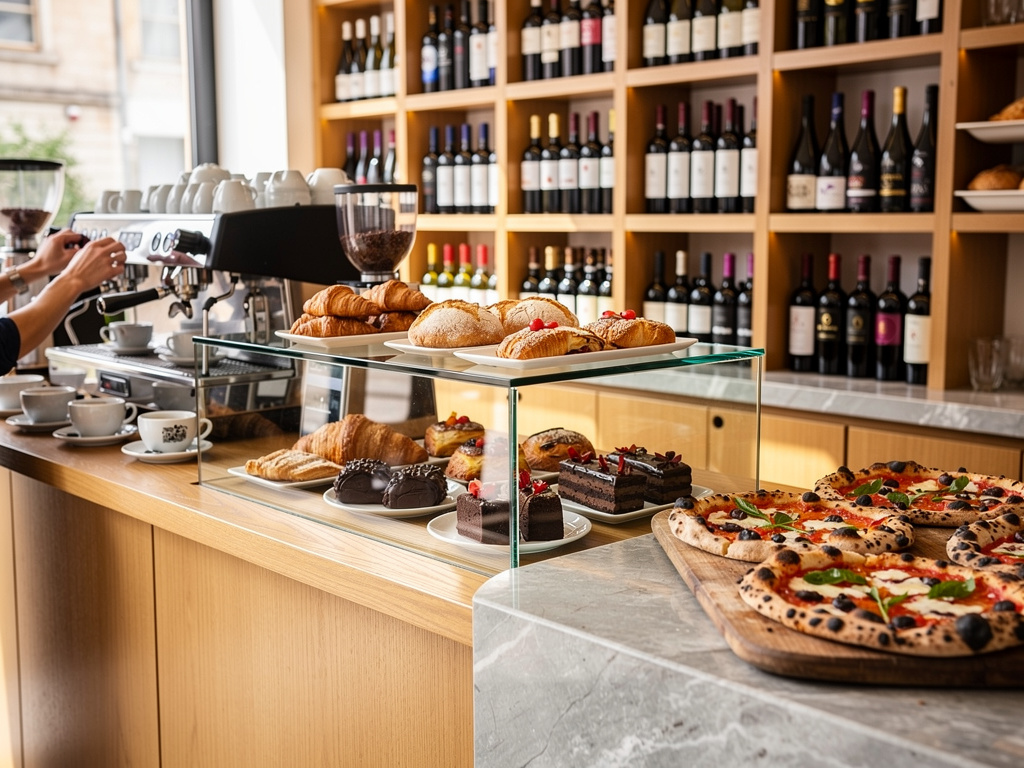 Cafetería italiana con vitrina de pasteles, croissants, pizzas artesanales y estanterías de vinos