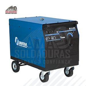 MI 3-400

Categoría: Soldadoras para electrodo revestido (SMAW)
Trabajo: Industrial Pesado
Alimentación: 220/440 V
Rango de amperaje de soldadura:	60-450 A, CD
Ciclo de trabajo: 60%
Suelda con: Electrodo revestido (SMAW) de CD en diámetros desde 1.6 hasta 6.4 mm (1/16" a 1/4") tipo suave para unir, duro para revestir o para corte (cut-weld) E6013, E6011, E7018, E7024.