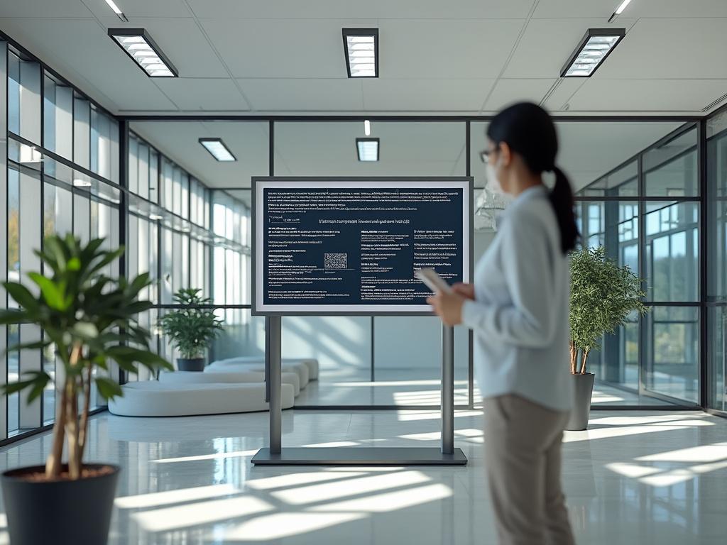 A woman in an office corridor standing in front of an electronic information display screen, surrounded by large windows and potted plants.