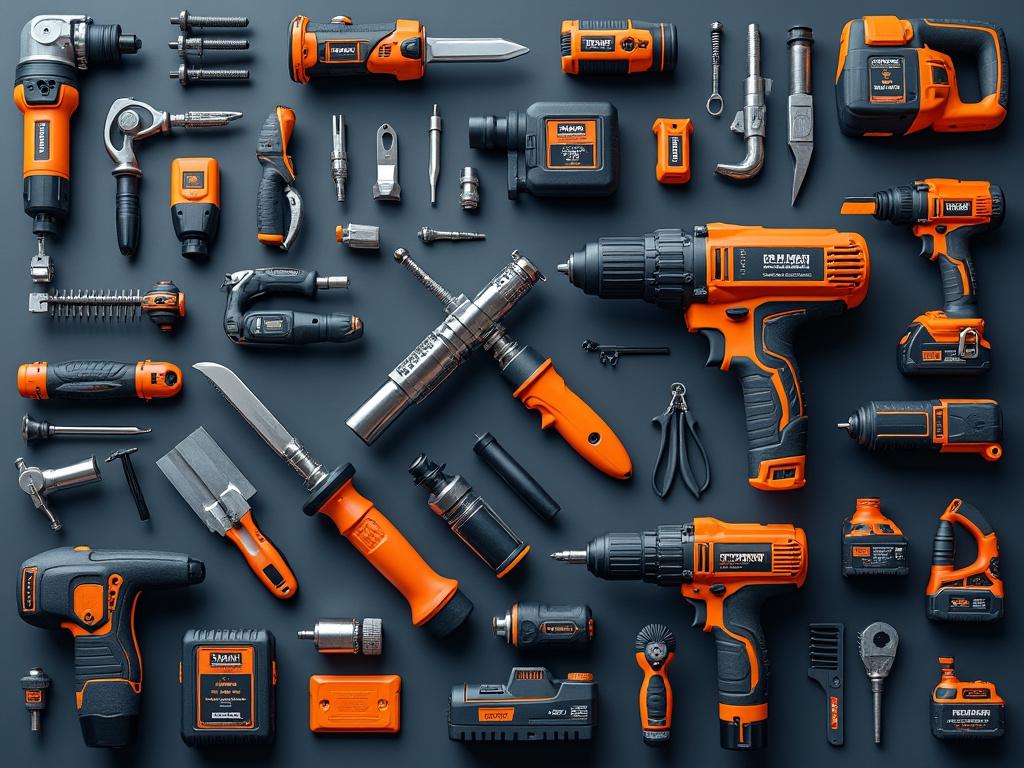 Variedad de herramientas eléctricas y manuales de color naranja y negro organizadas sobre una superficie gris.