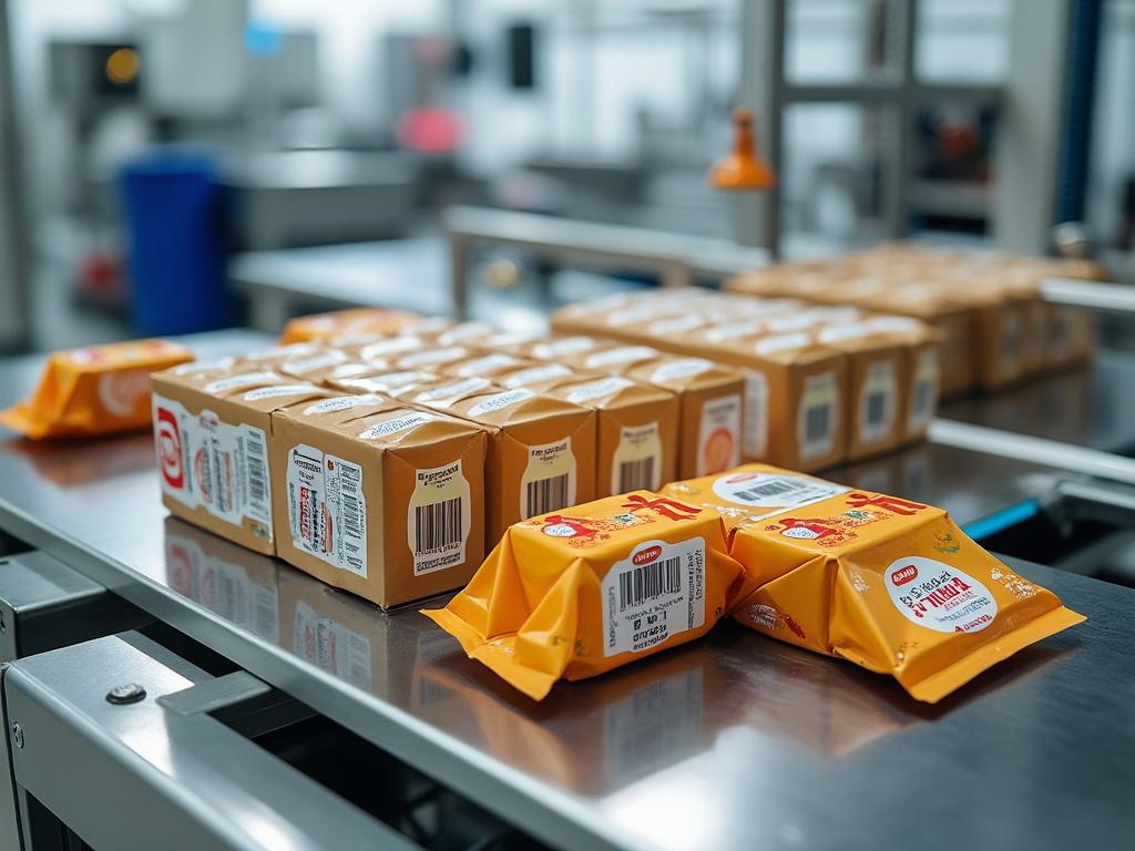 Paquetes de mantequilla sobre una cinta transportadora en una línea de producción de alimentos.
