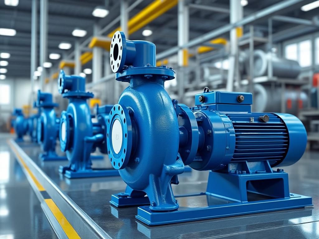 Blue industrial pumps aligned in a modern factory setting with pipes and machinery in the background.