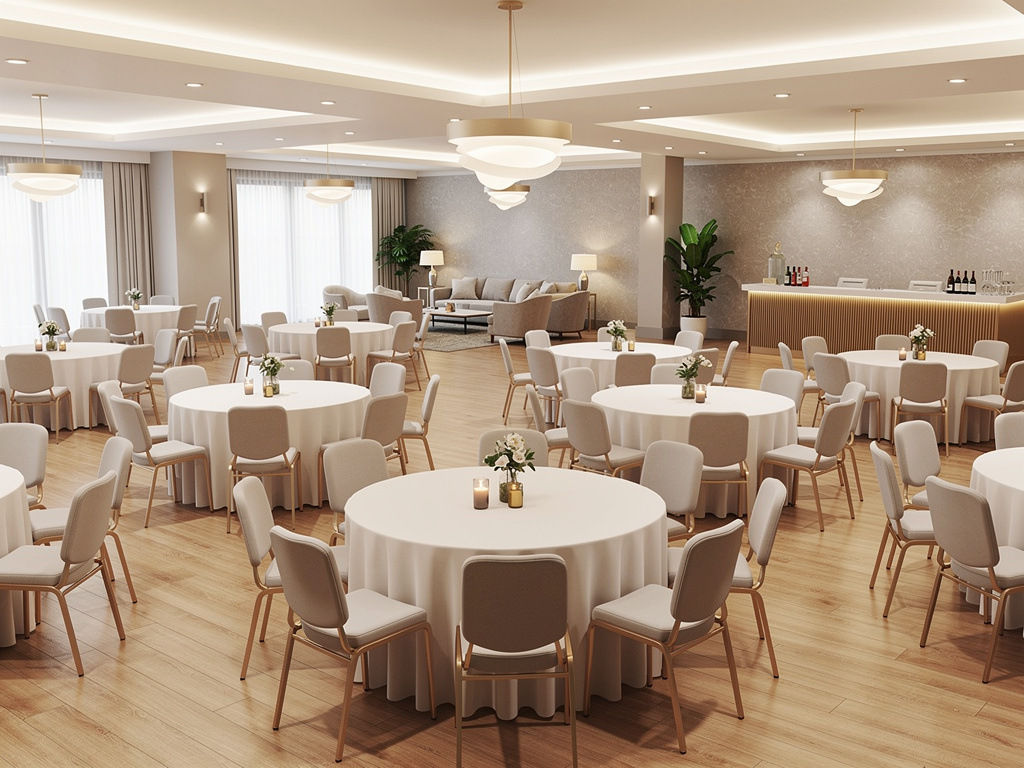 Salón de banquetes elegante con mesas redondas, sillas beige, iluminación cálida y barra para eventos