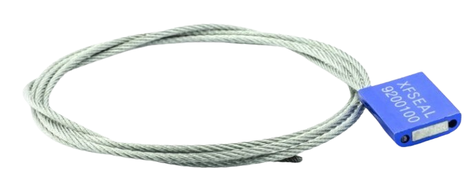 Steel cable seal lock with blue aluminum body and serial number XFS EAL 9200100.