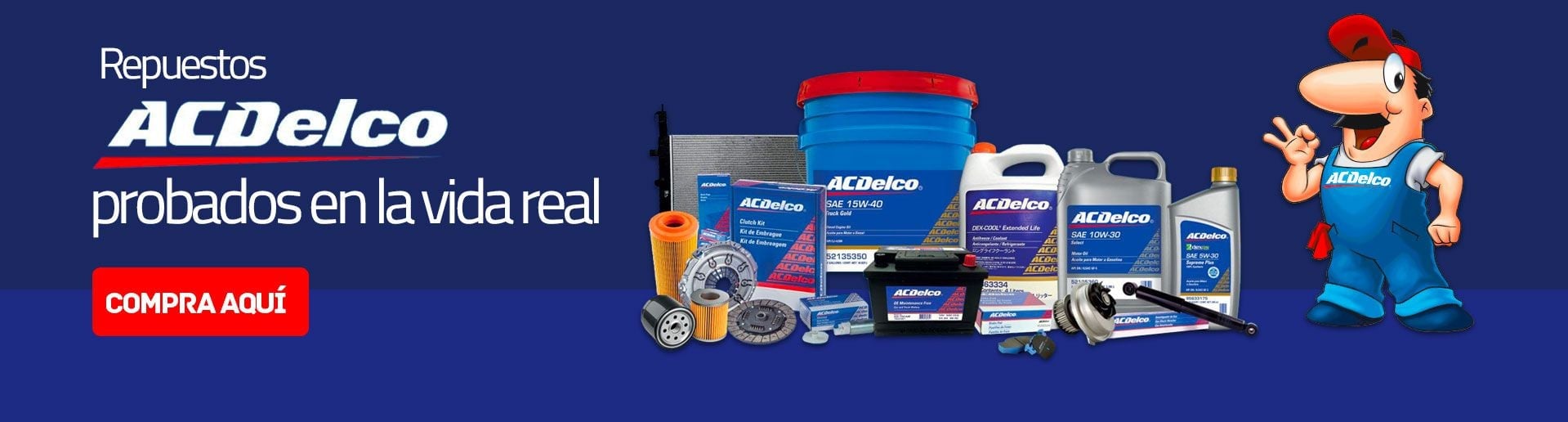 Anuncio de repuestos ACDelco con variedad de productos y personaje animado, fondo azul.