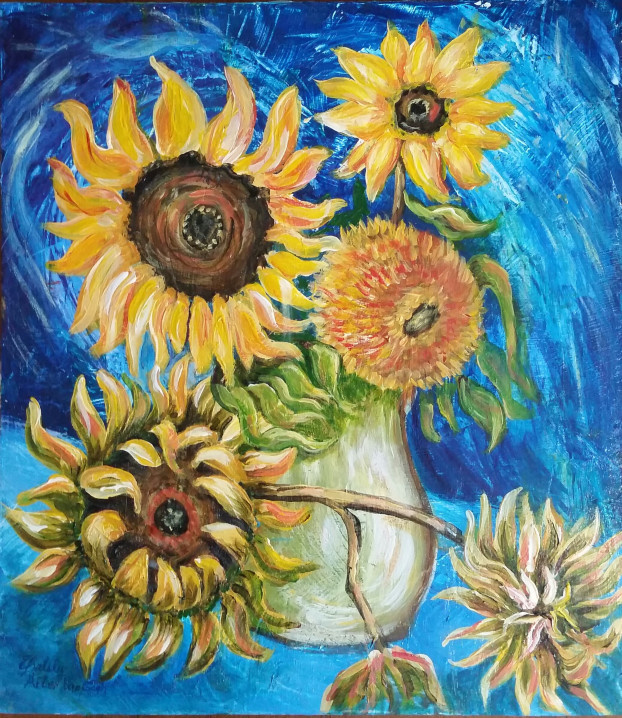 Sunflowers on Blue (After Van Gogh), Acrylic on Wood (approx 10"x12")