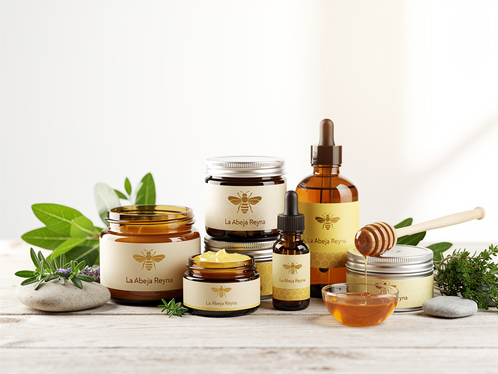 Productos cosméticos naturales La Abeja Reyna con miel, goteros, cremas, plantas aromáticas y palito mielero