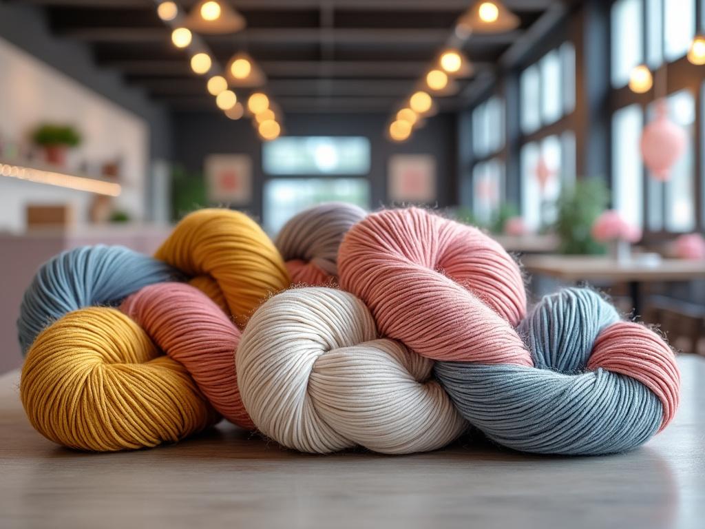 Ovillos de lana de colores pastel en una mesa de madera, con fondo de cafetería iluminada.