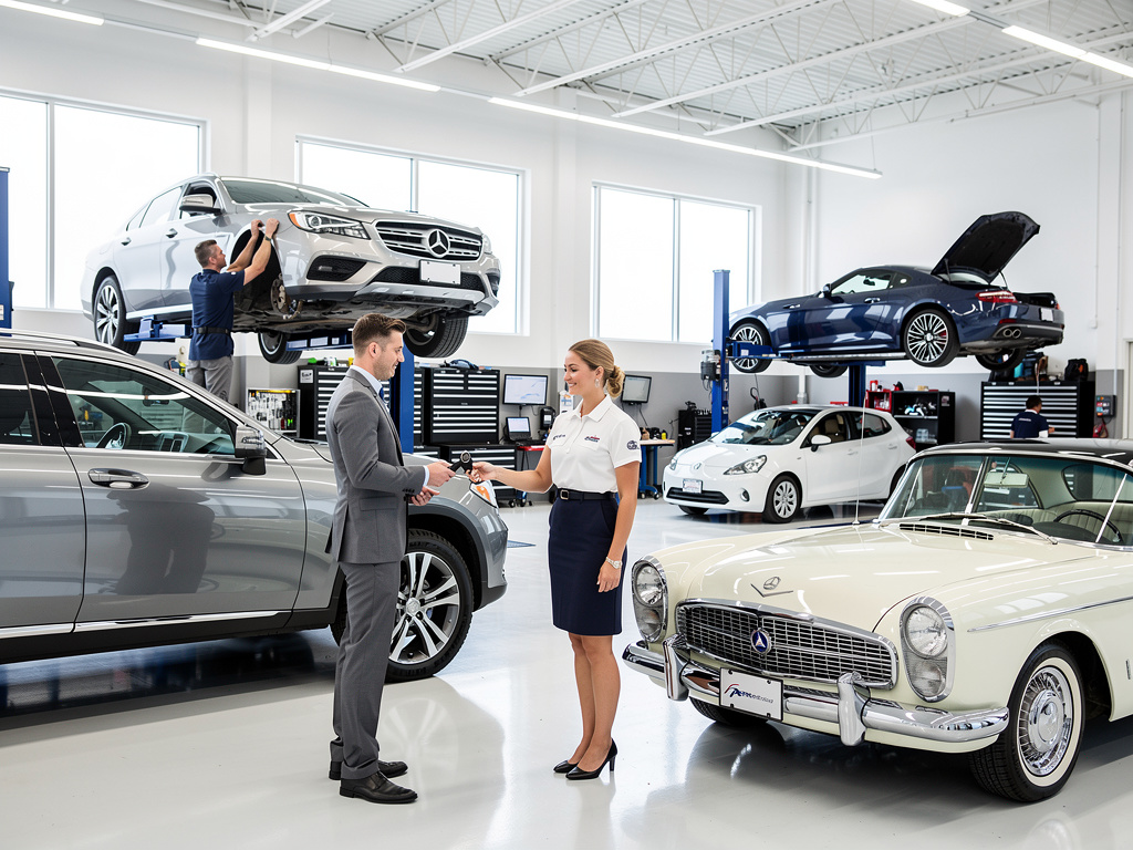 Mercedes-Benz dealership service center with sales representative handing car keys to customer amid luxury vehicles and auto repair lifts