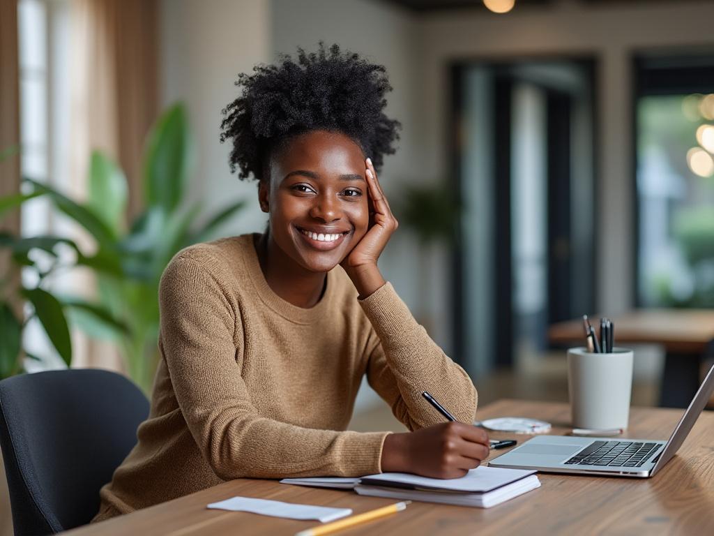 Smiling person sitting at a desk with a laptop and notebook, indoor setting with plants.