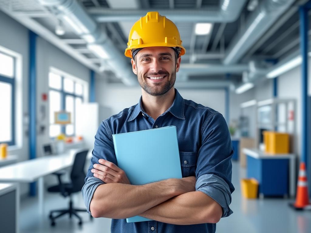Ingeniero sonriente con casco amarillo y carpeta azul en una oficina moderna