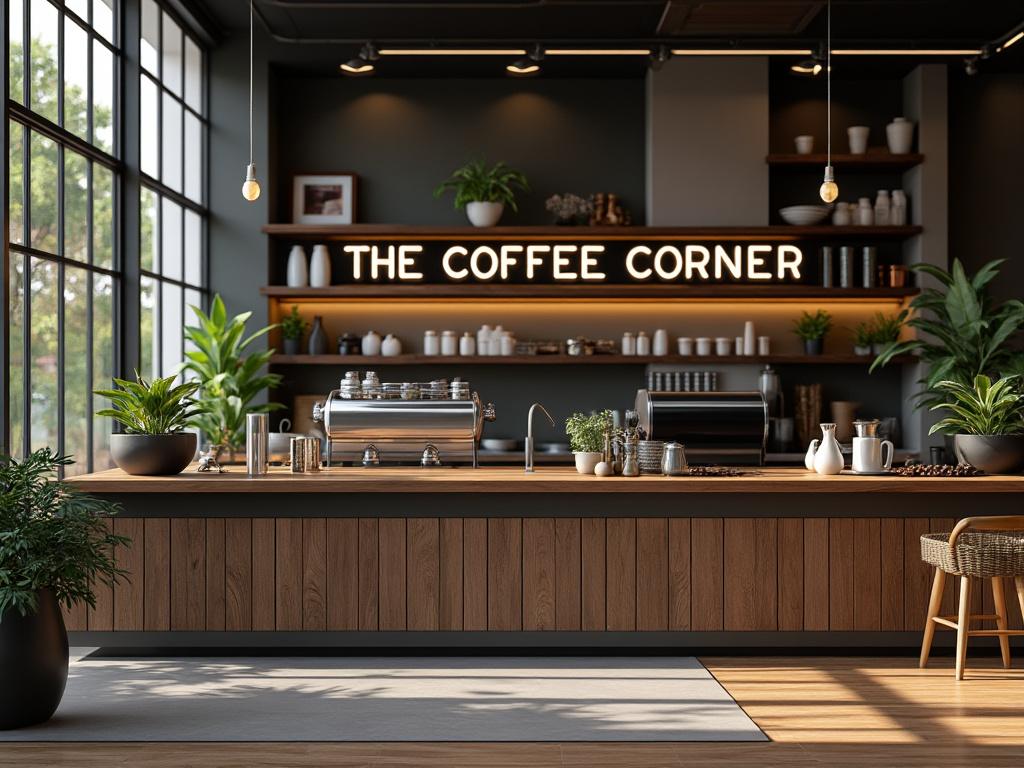 Interior de cafetería moderna con plantas verdes, mostrador de madera y cartel luminoso que dice 'The Coffee Corner'.