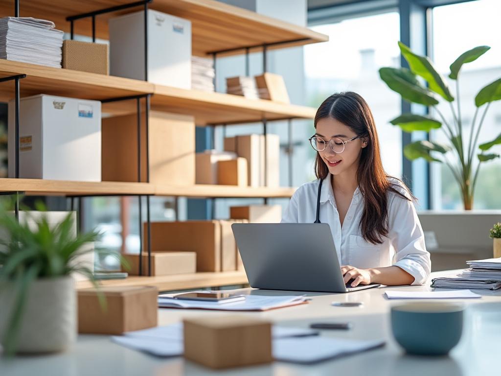 Mujer joven con gafas trabajando en una oficina moderna frente a un portátil, rodeada de plantas y estantes con cajas y documentos.